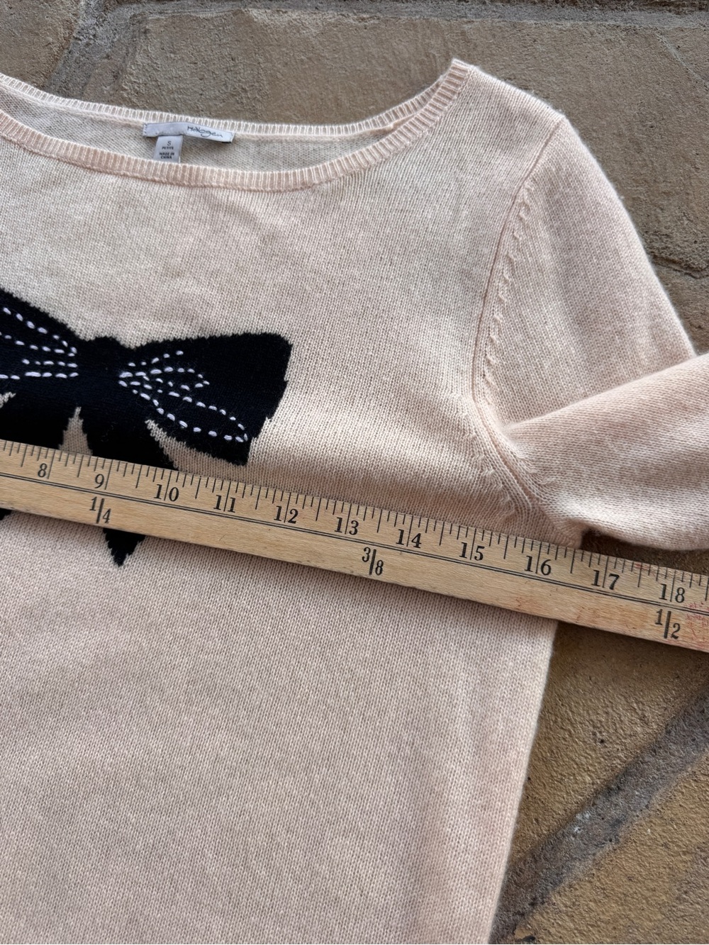 Halogen Wool Cashmere Blend Bow Intarsia Sweater Blush Pink Black Size SP - Picture 10 of 11